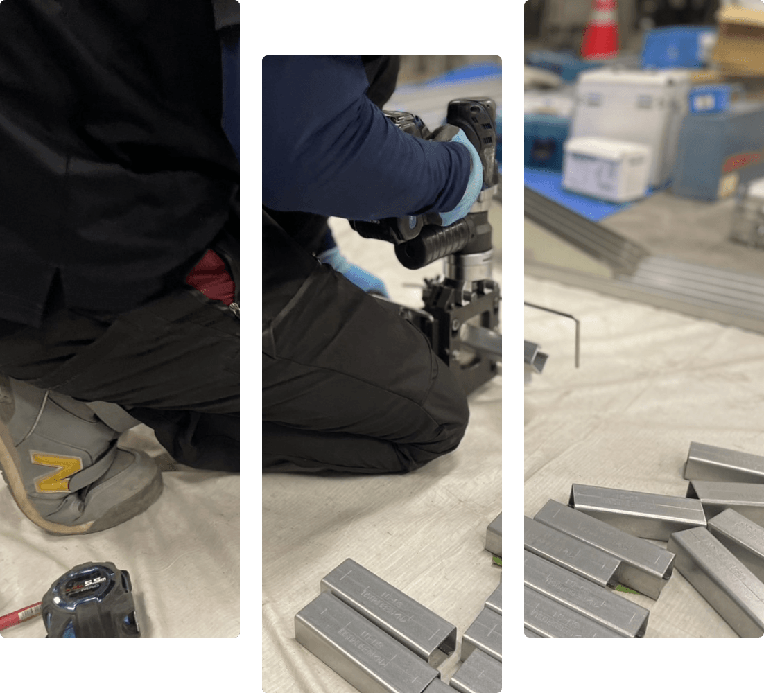 電気設備工事の現場写真。工具を使った手元の作業、部材の加工、金属部材の整列準備の様子